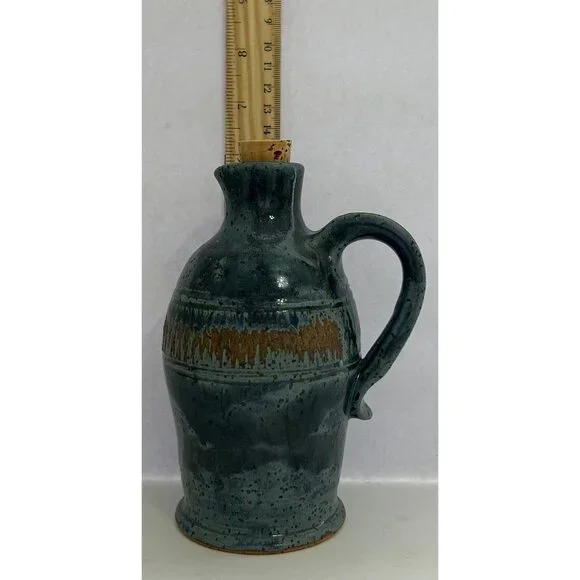Hand Thrown Pottery  Jug Speckled Blue & Brown Glazed Ceramic Pitcher Cork Lid - Picture 3 of 7